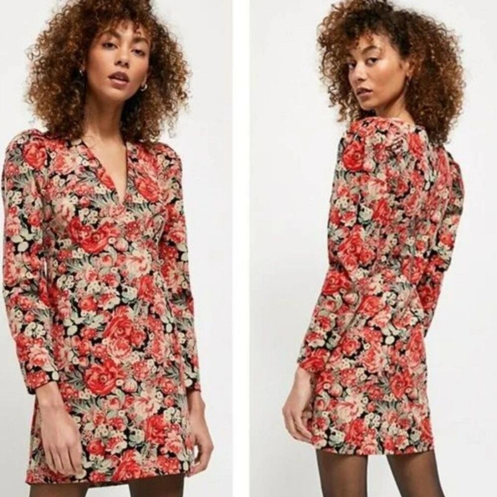 Free People Kapowski Mini Dress Puff Long Sleeve V Neck Floral Orange Womens 2